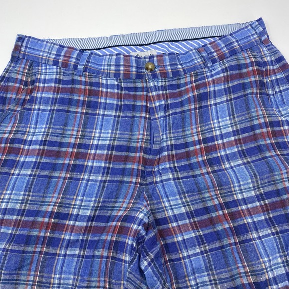 Peter Millar Mens Sz35 Blue Red Plaid 100% Linen Golf Shorts - Picture 2 of 6